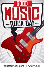 Guitar playing rock music and speech balloon inviting at you to experience the best of this music genre, during Rock Day.