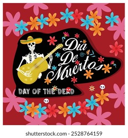 Guitarra tocando esqueleto com decoração floral. Celebrações do Dia dos Mortos no México. Conceito de Dia dos Mortos. Ilustração de vetor plano.