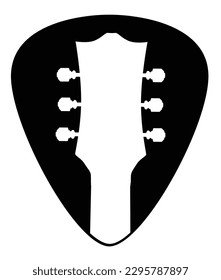 A guitar plectrum in with guitar headstock isolated on a white background.