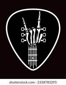 Guitar plectrum with skeleton arm as giutar fretboard and fingers showing the rock sign symbol