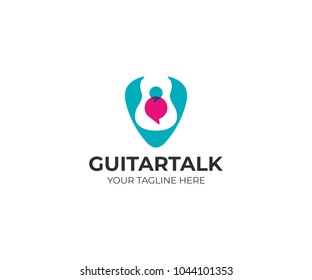 Guitar in plectrum and speech bubbles logo template. Guitar pick vector design. Guitar school logotype