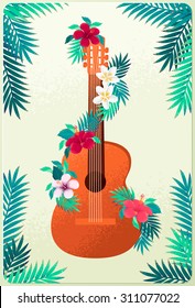 Guitar with plumeria and hibiscus flowers, palm leaves garland. Concept for beach party, open air festival, hippie or ethnic music concert. Poster, invitation, flyer. Place for your text