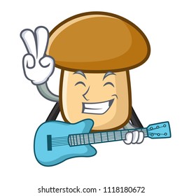 With guitar porcini mushroom mascot cartoon
