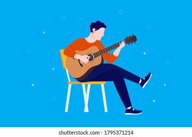 Guitar practice - Man playing and practicing instrument on chair. Guitar lesson, school and home learning concept. Vector illustration.