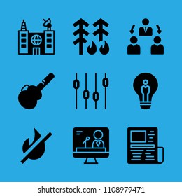 guitar protector, building, forest fire, manager, television, idea, news paper, fire and levels vector icon. Simple icons set