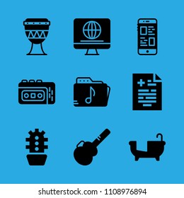 guitar protector, recorder, medical result, smartphone, drum, bathtub, television, music folder and cactus vector icon. Simple icons set