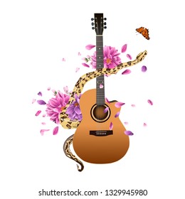 guitar with python and butterfly, dahlia flowers.isolated on white background. Print for t-shir.