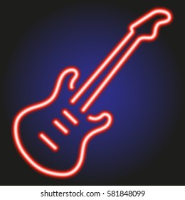 guitar red neon glowing on dark background of vector illustration