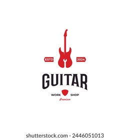 Guitar repair logo, guitar with wrench logo vintage emblem label