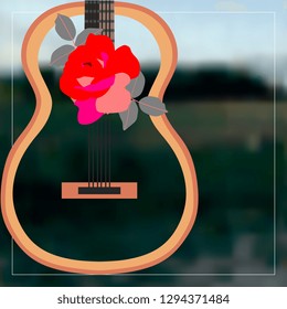 Guitar and a rose in a thin light frame on a background of blurred landscape. Flamenco symbol. Banner, Concert Poster.
