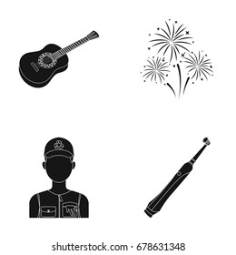 Guitar, salute and other web icon in black style. ecologist, toothbrush icons in set collection.