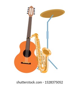 guitar with saxophone and battery cymbals over white background, colorful design. vector illustration