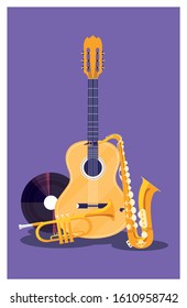 Guitar saxophone trumpet and vinyl design, Music sound melody song musical art and composition theme Vector illustration
