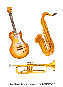 guitar, saxophone and trumpet, watercolor vector