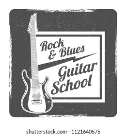 Guitar school grunge logo vector design illlustration isolated on white