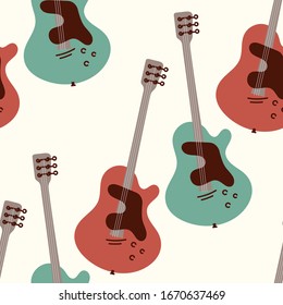 Guitar seamless background. Stringed musical instrument. Vector illustration of colored acoustic guitar on a light background.