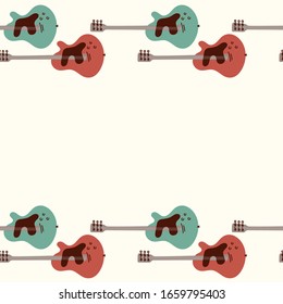 Guitar seamless border. Stringed musical instrument. Vector illustration of colored acoustic guitar on a light background. Space for text.