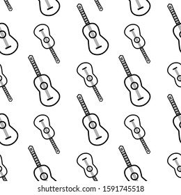 Guitar seamless pattern for banner, poster, card, album cover, wrapping paper, packaging, textile. Vector rock ornament with black guitar silhouettes on the white background