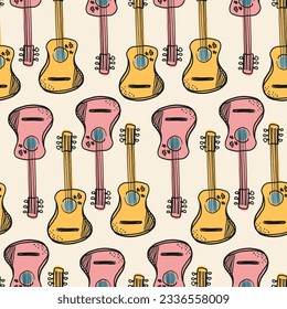 The guitar is a seamless pattern in cowboy style. Vector illustration. can be used for music-related merchandise, western-themed decorations.