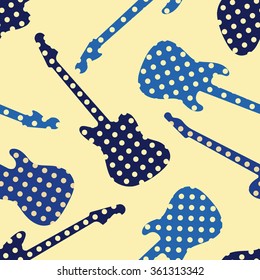 Guitar seamless pattern on light yellow background. Polka dot finish guitar silhouettes. Vector illustration