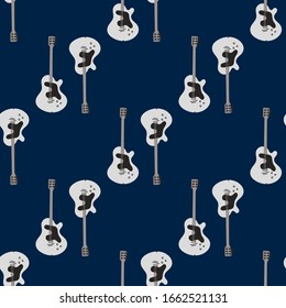 Guitar seamless pattern. Stringed musical instrument. Vector illustration of hand drawn acoustic guitar on a blue background.