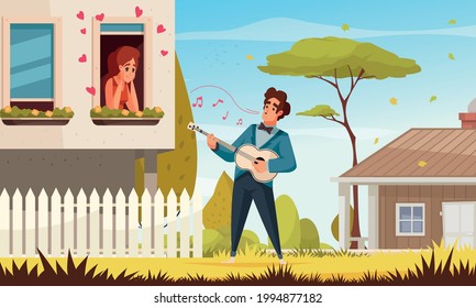 Guitar serenade composition with outdoor view of man in love singing songs to girl in window vector illustration