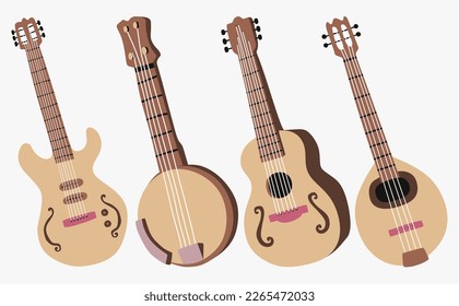 Guitar set. Acoustic guitar, electric guitar banjo and  mandolin on white background. String musical instruments. Cute flat cartoon style. Vector illustration