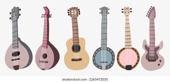 Guitar set. Acoustic guitar, electric guitar banjo and  mandolin on white background. String musical instruments. Cute flat cartoon style. Vector illustration