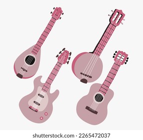 Guitar set. Acoustic guitar, electric guitar banjo and  mandolin on white background. String musical instruments. Cute flat cartoon style. Vector illustration
