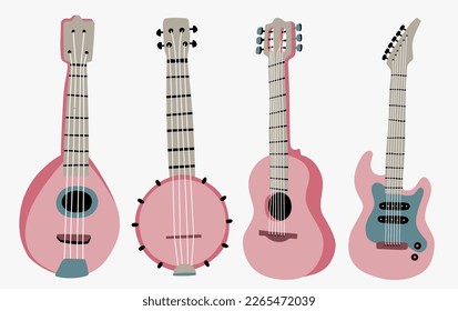 Guitar set. Acoustic guitar, electric guitar banjo and  mandolin on white background. String musical instruments. Cute flat cartoon style. Vector illustration