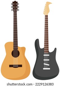 Guitar set. Acoustic guitar and electric bass guitar on white background. Musical string wooden instrument collection for string melody. Rock or jazz equipment accompaniment of musician on stage