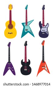 Guitar set. Acoustic guitar, electric guitar on white background. String musical instruments. Vector illustration eps 10.