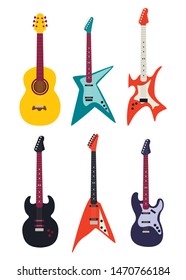 Equipo de guitarra. Guitarra acústica, guitarra eléctrica de fondo blanco. Instrumentos musicales de cuerda. Ilustración vectorial, pasos 10.