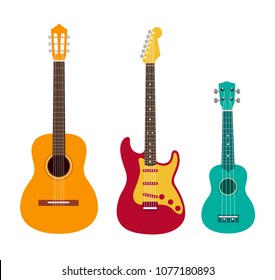 Guitar set. Acoustic guitar, electric guitar and ukulele on white background. String musical instruments. Cute flat cartoon style. Vector illustration