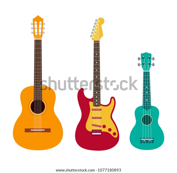 Guitar set. Acoustic guitar, electric\
guitar and ukulele on white background. String musical instruments.\
Cute flat cartoon style. Vector\
illustration