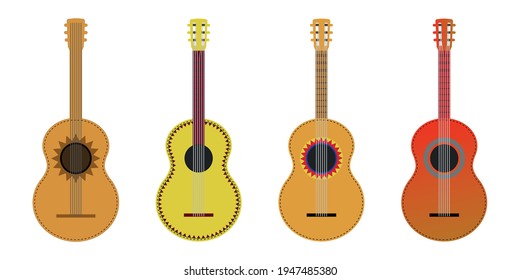 Guitar set. Acoustic guitar flat vector illustration. Mexican guitars isolated on white background. Mariachi string musical instrument. Cinco de Mayo design element.