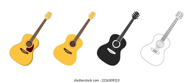 A guitar set. Acoustic guitar with a white background. String musical instruments. A nice flat cartoon style