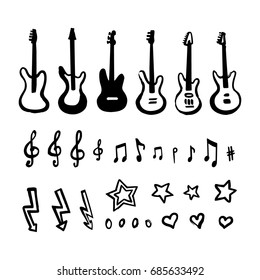 Guitar set. Black silhouettes of different guitar shapes isolated on white background. Vector collection of hand drawn rock star elements