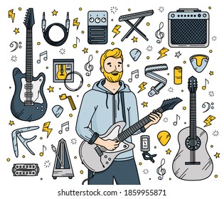 Guitarra ambientada al estilo Doodle. Instrumentos de música clásica y electrónica con guitarrista masculino, ilustración vectorial de mano