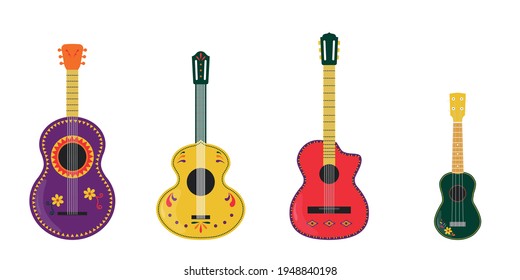 Guitar set. Guitars vector illustration. Mexican guitars and ukulele isolated on white background. Mariachi string musical instrument. Cinco de Mayo design element.