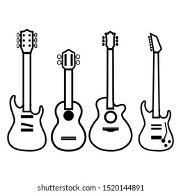 Guitar set Icon. Flat electric and acoustic string music instruments of different design types. Vector guitars isolated set on white background.
