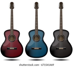 Guitar set isolated on white background. Classic guitar for Your business project. Black and red and blue wooden guitars. Vector Illustration