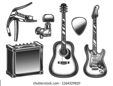 Guitar set. Monochrome vector design elements on white and dark background.