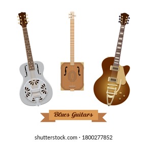 Guitar set. Realistic blues guitars on white background. Musical Instruments. Vector illustration. Collection