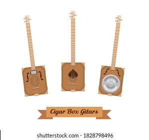 Guitar set. Realistic cigar box guitars on white background. Musical Instruments. Vector illustration