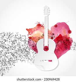 Guitar shape  made from paper. Watercolor heart. Music background. Love songs. I love music concept