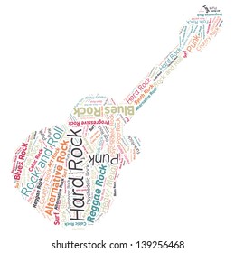 Guitar Shaped Word Cloud - Rock Music Concept on white background