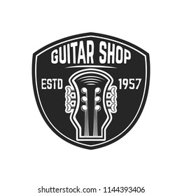 Guitar shop emblem template. Design element for sign, badge, t shirt, poster. Vector illustration