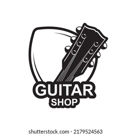 Gitarren-Shop-Ikone, akustisches musikalisches Gitarrenvektoremblem für Konzert- oder Bandinstrumente. Musikinstrumentengeschäft mit Pop-Band-Gitarren, Bass für Jazz oder Live-Musik