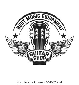 Guitar shop label template. Guitar head with wings. Design elements for poster, logo, label, emblem, sign. Vector illustration